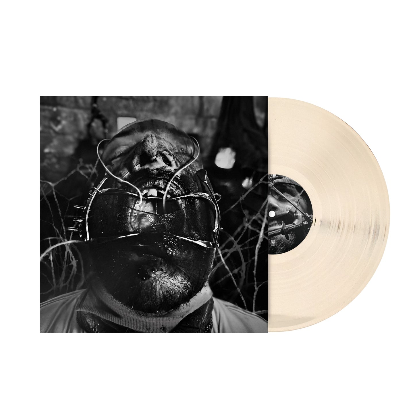 Vinyl record of Larcenia Roe’s “Extraction” with a masked face cover.