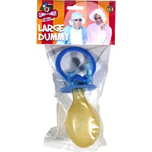 "Large baby pacifier in clear packaging with blue ring and yellow teat."