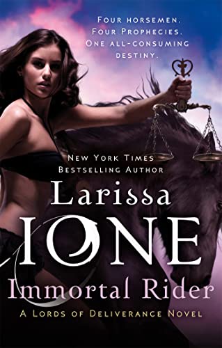 Book cover: woman with dark horse, scales, and text "Immortal Rider.