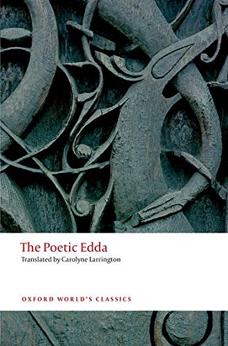 Book cover for The Poetic Edda featuring dark, intricate Norse-style wood carving patterns.