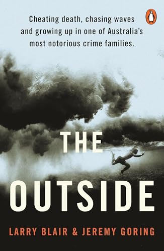 Book cover: stormy ocean, silhouetted surfer, bold white title "The Outside".