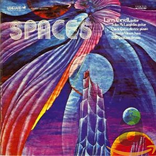 CD cover for Larry Coryell’s “Spaces” with abstract purple and blue artwork.