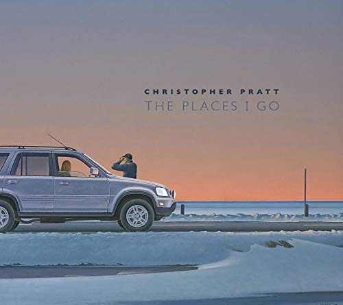 Painting of a car and person by the ocean, titled “Christopher Pratt.”