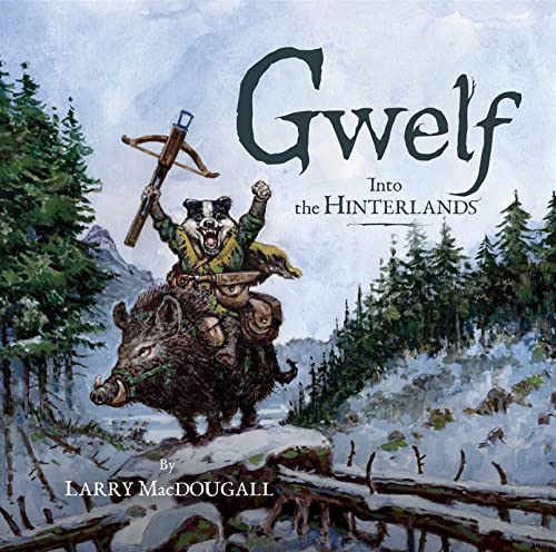 Badger riding a boar with a crossbow, forest background, book cover art.