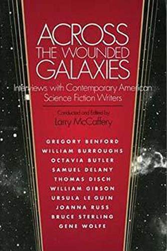 Red book cover with white title: "Across the Wounded Galaxies," interviews with sci-fi writers.