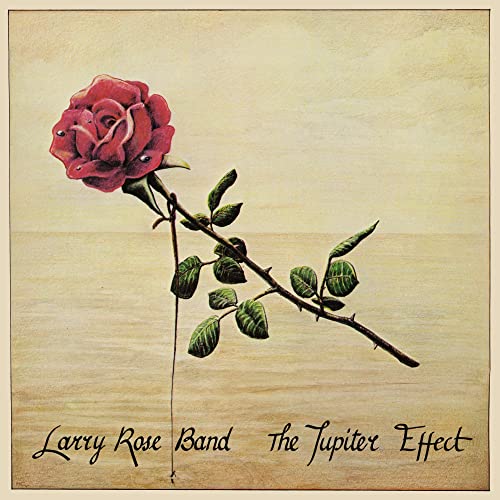 Album cover: red rose on a branch over a sandy beach.