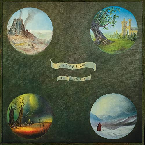 Vinyl album cover with four circular fantasy landscape paintings.