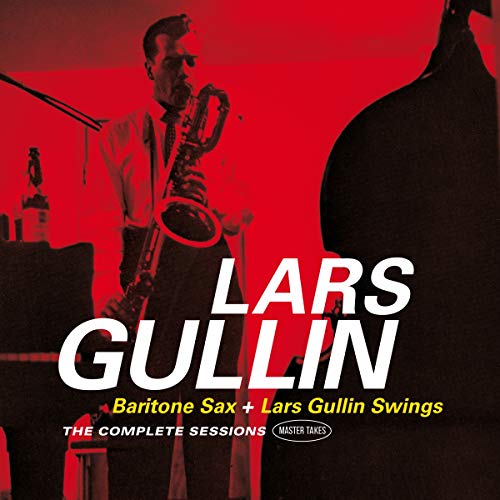Lars Gullin portrait with baritone sax, red background, album cover.