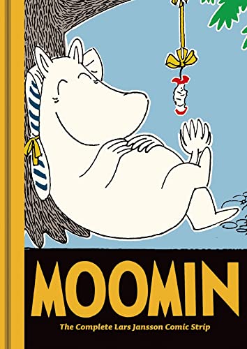 Moomin book cover: a white hippopotamus-like creature relaxes under a tree.