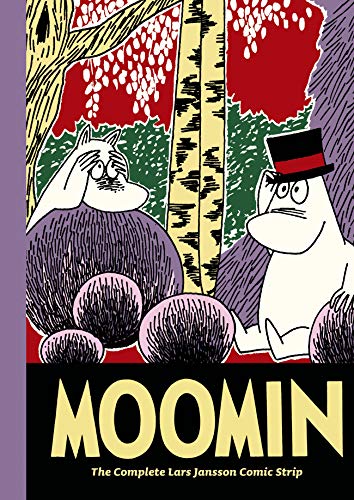 Moomin characters in a forest scene, book cover with large title text.