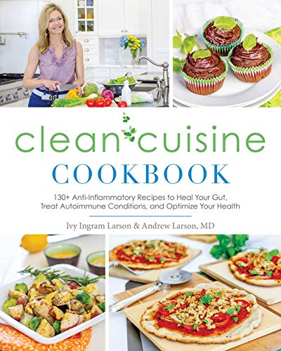 Cookbook cover with food photos, woman, and title “Clean Cuisine Cookbook.”