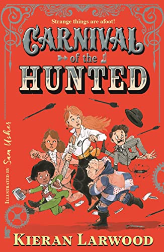 Red book cover with illustrations of children running from shadowy figures.