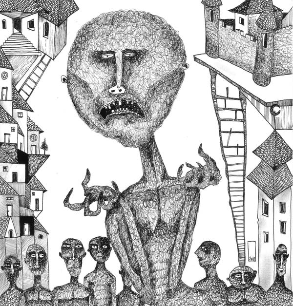 Black and white ink drawing of a large-headed creature surrounded by smaller figures, buildings.