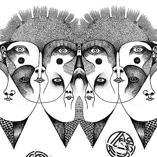 Black and white illustration of symmetrical, stylized faces and geometric shapes.