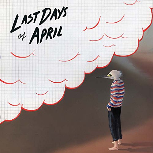 "Vinyl record cover featuring a person with a bird head, standing under a cloud."