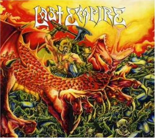 CD cover art: knight battling a red dragon amidst skulls and flames.