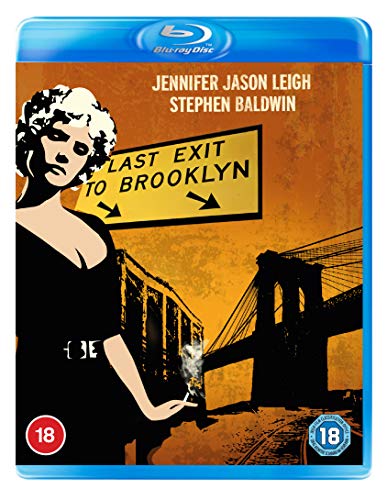 Last Exit to Brooklyn" Blu-ray cover with woman, sign, and bridge.
