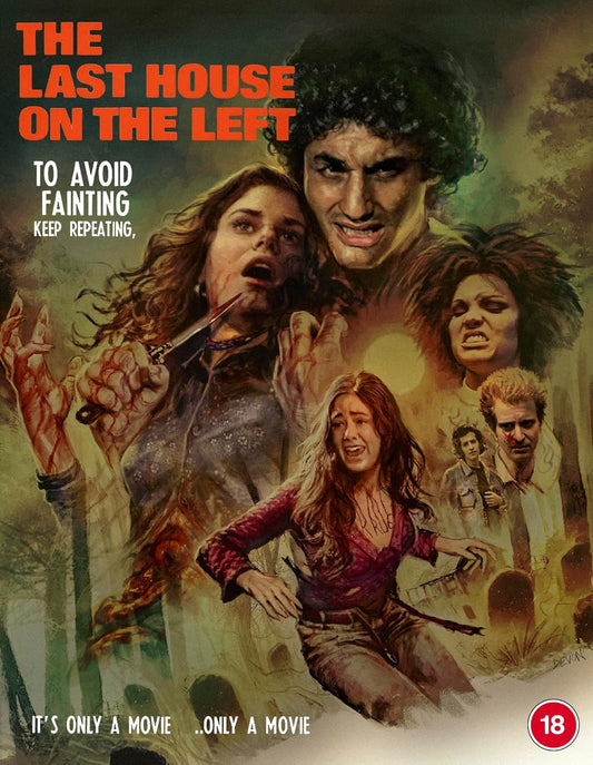 Horror movie cover featuring distressed people and a menacing figure with a knife.