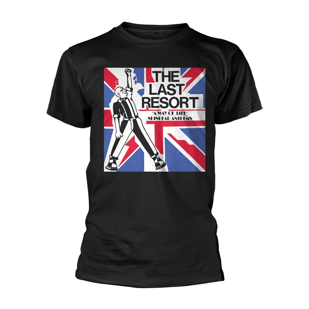 Black t-shirt with The Last Resort band logo over a Union Jack.