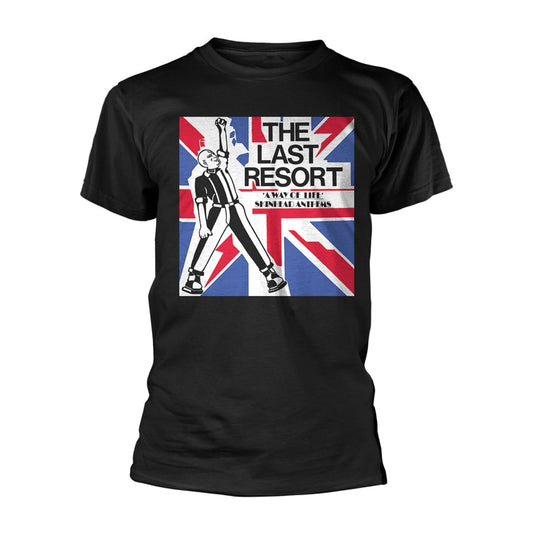 Black t-shirt with The Last Resort band logo over a Union Jack.