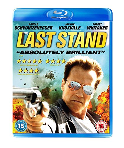Arnold Schwarzenegger aiming a handgun on The Last Stand Blu-ray cover with explosions.