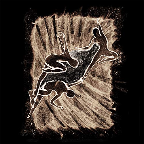 Abstract figures sketched in gold on a dark, textured background.