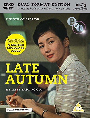 Blu-ray cover for Late Autumn featuring a woman writing at a desk.