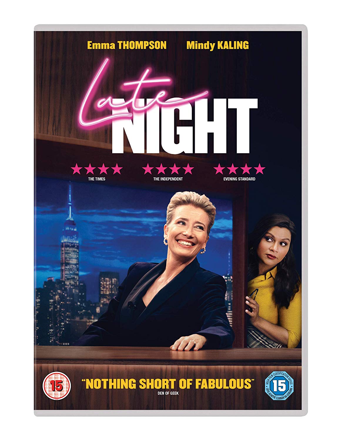 DVD cover for "Late Night" featuring two women at a news desk with city skyline.