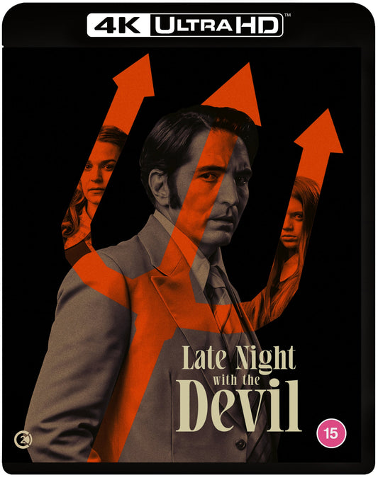 4K Ultra HD Blu-ray cover for Late Night with the Devil featuring a trident.