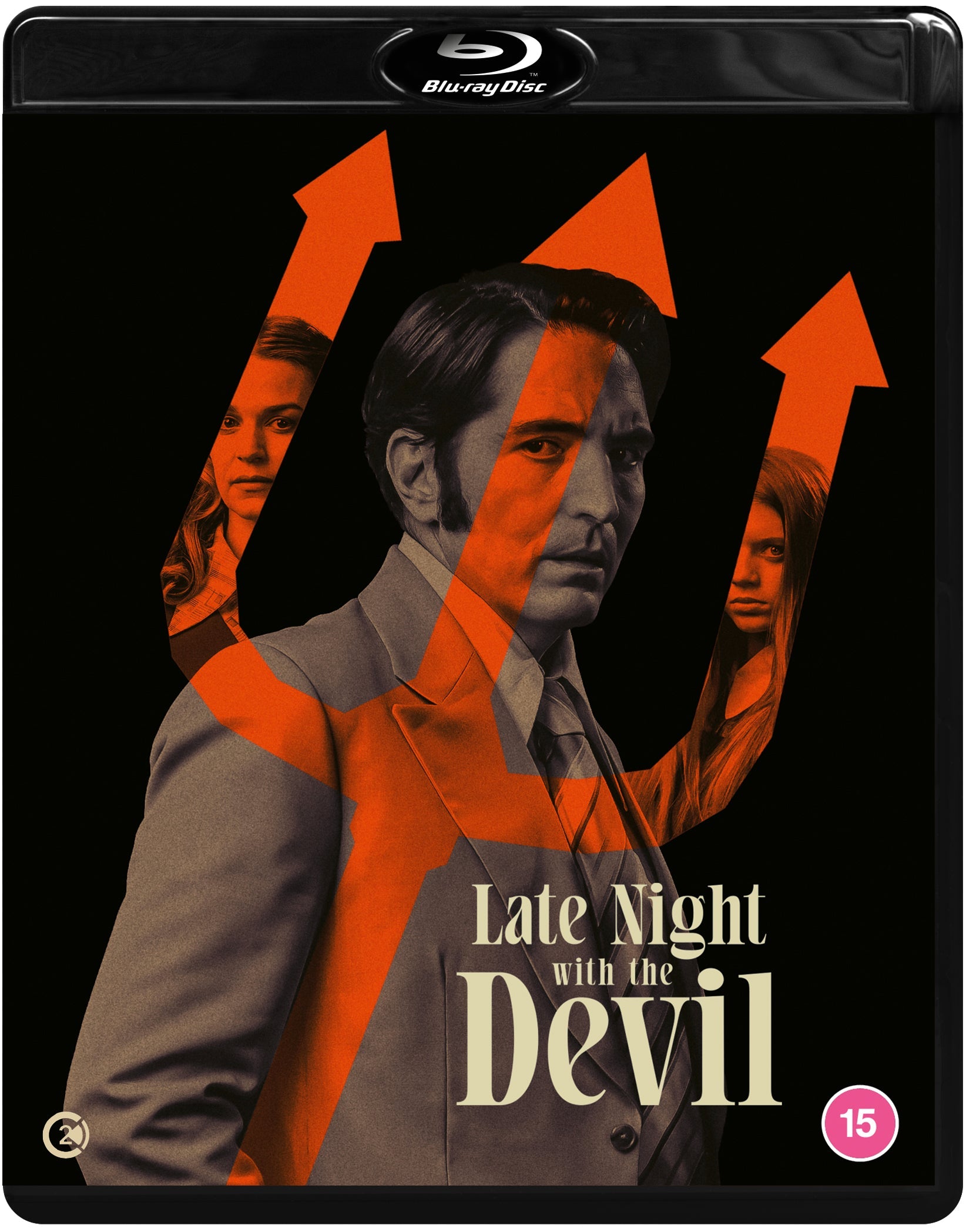 Late Night with the Devil" Blu-ray cover featuring a man and two women.