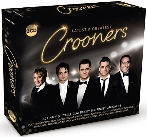 "CD cover featuring five male crooners in tuxedos under stage lights."