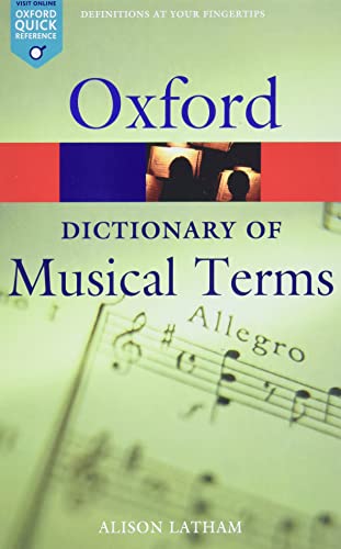 Book cover of Oxford Dictionary of Musical Terms by Alison Latham with musical notation.