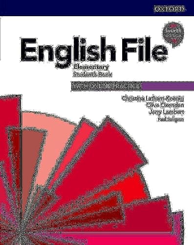 Cover of "English File: Elementary" textbook, fourth edition, with red design.
