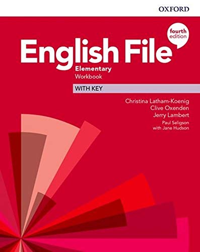 Red "English File: Elementary" workbook cover with abstract graphic.