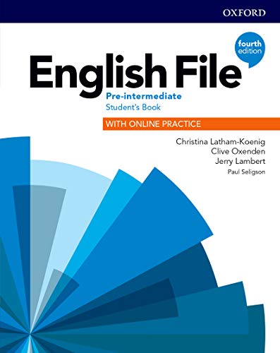 Cover of "English File: Pre-Intermediate" student textbook, fourth edition.
