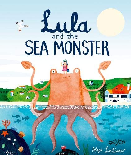 Book cover: Lula with a large orange octopus by the sea.