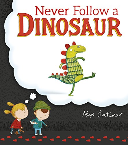 Book cover: children and a green, striped dinosaur in a thought bubble.