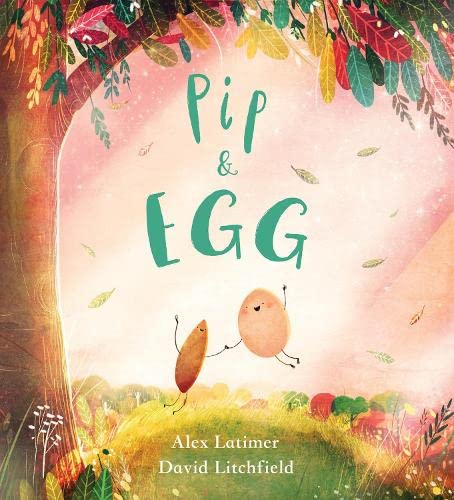 Book cover illustration showing a small seed and an egg holding hands in nature.