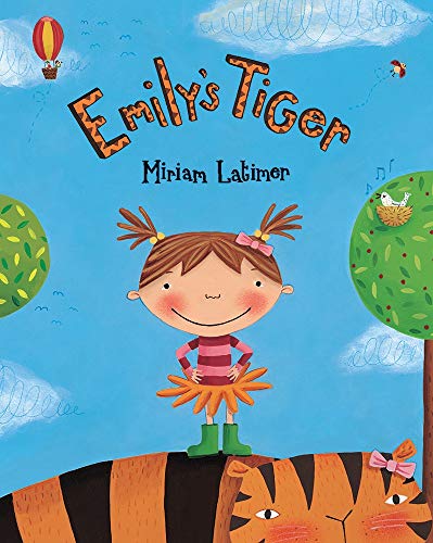 Illustration of a girl standing on a tiger’s head, blue sky background.