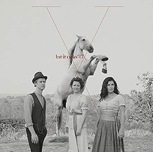 Black and white album cover with people, a horse, and red lines.