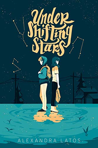 Book cover: two young people standing by water under starry constellations.