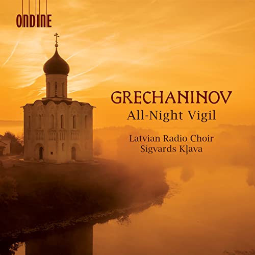 CD cover: Russian Orthodox church at sunset, text “Grechaninov All-Night Vigil”.