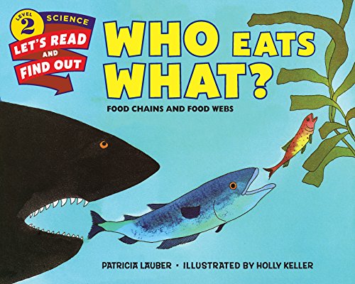 Book cover depicting a shark, fish, and seaweed with the title “Who Eats What?”.