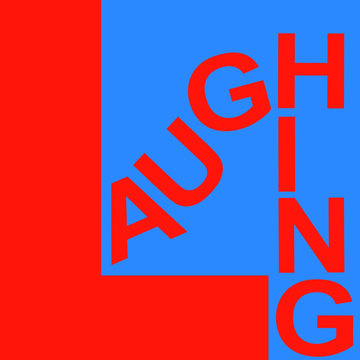 Red and blue album cover with the word "LAUGHING" in large, angled letters.
