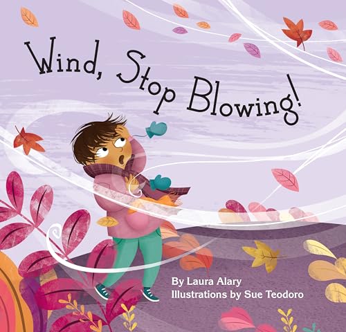 Child struggles against swirling wind and falling autumn leaves.