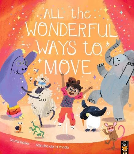 A child and various animals dance together on a bright, orange, star-filled background.