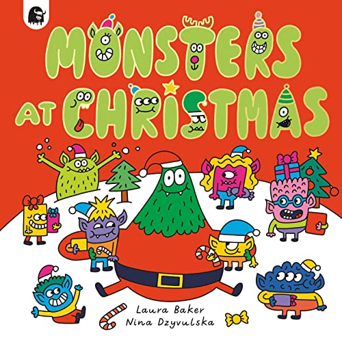 Colorful cartoon monsters celebrating Christmas with trees and gifts.