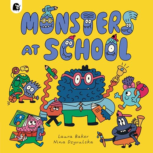 Colorful illustration of diverse monsters attending school, holding books and supplies.