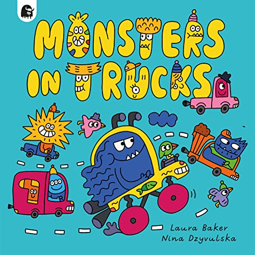 Colorful cartoon monsters driving and riding in various toy trucks.