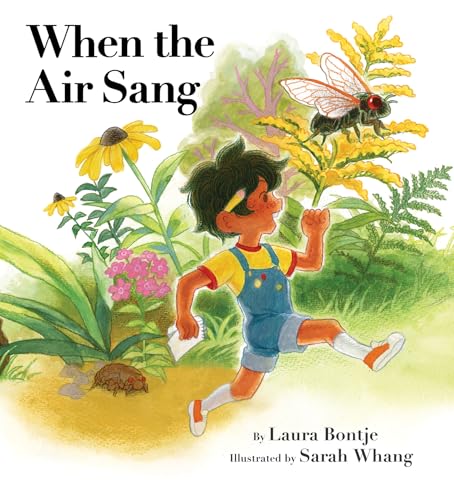Book cover: child running through flowers with a bee, watercolor style.